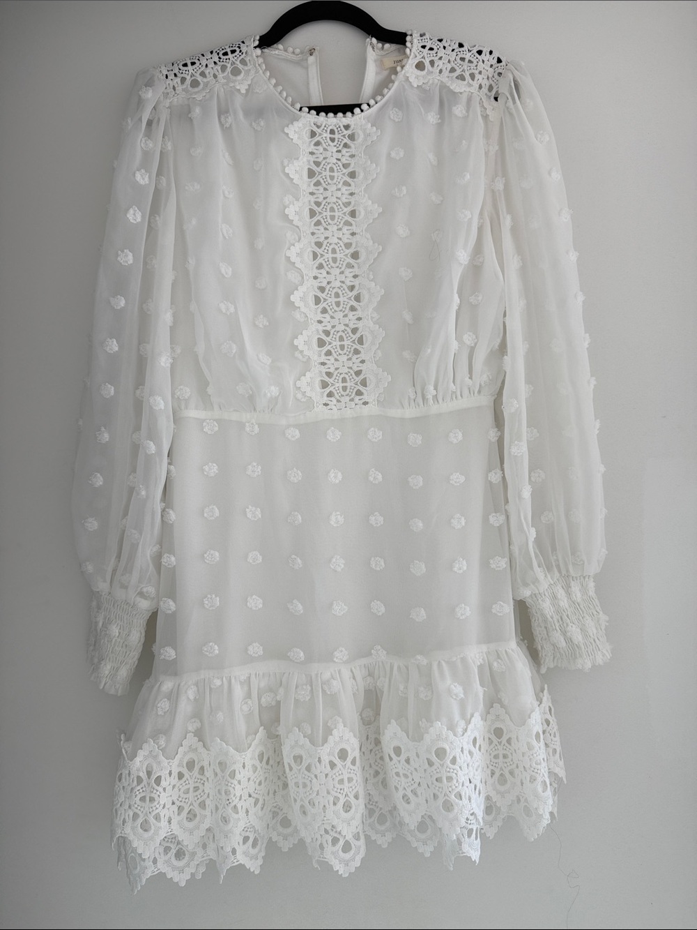 Just Me White Lace-Trim Long Sleeve Mini Dress